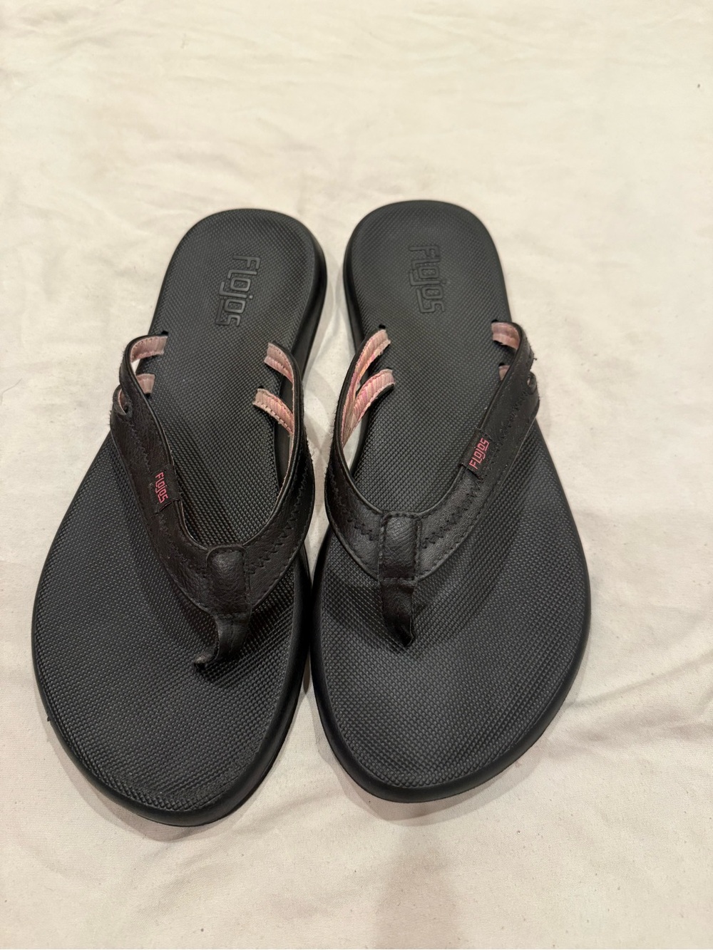 Flojos Black Sandals with Pink Strap Accents